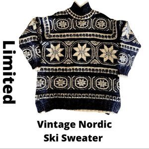 Limited Vintage Wool Snowflake Sweater, Nordic Design, Loose Fit, High Collar